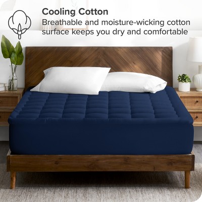 Full Dark Blue Cotton Top Mattress Pad with Down Alternative Fill