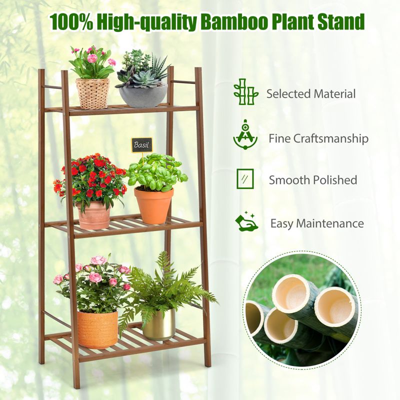 Tangkula 3 Tiers Bamboo Plant Stand for Indoor Plants Multiple Utility Shelf Free Standing Storage Rack Pot Holder Brown/Natural, 5 of 10