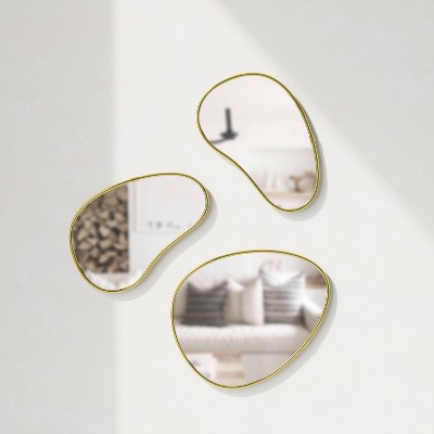 Set of 3 Whimsical Pebble Wall Mirrors in Brass Finish