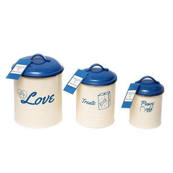 Country Living Pet Treat Storage Canisters, French Blue & Cream, Set of 3 - 'Love, Treats, Paws Off' Design, Airtight Lids for Freshness
