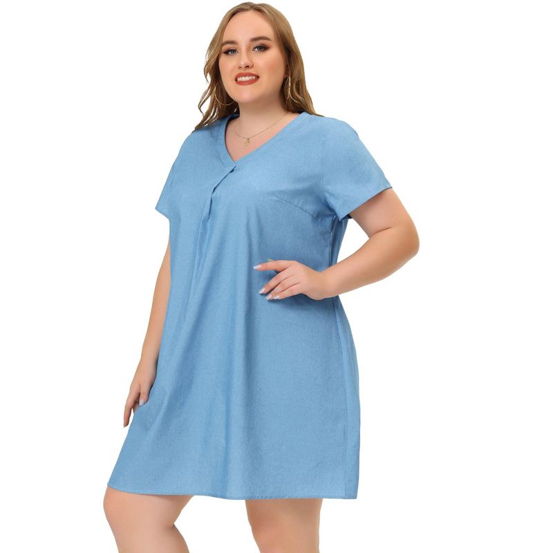 Agnes Orinda Women's Plus Size Solid Pleat Short Sleeve V Neck Chambray A Line Dresses, 3 of 6
