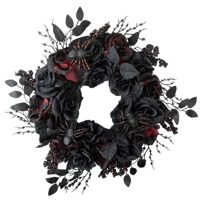 Northlight Roses and Foliage Halloween Spider Wreath - 24" - Burgundy and Black - Unlit