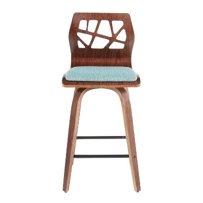 Folia Teal Upholstered Swivel Counter Height Barstools with Walnut Frame, Set of 2