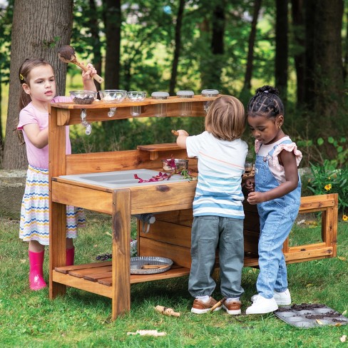 Guidecraft Acadia Kids Outdoor Mud Kitchen Playset Pretend Play Kitchen with Sink Stove and Accessories Wooden Backyard Playset