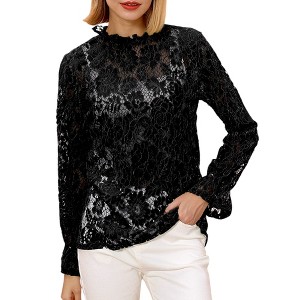 Anna-Kaci Women's Layering Lace Puffed Long Sleeve Sheer Blouse Top - 1 of 4