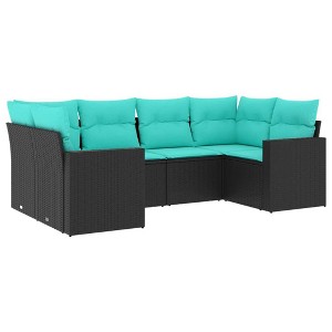 vidaXL 6 Piece Patio Sofa Set with Cushions Black Poly Rattan - Black and Blue - 1 of 4