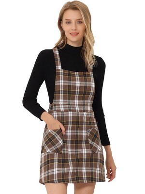 Allegra K Women's Plaid Tartan Button Decor A-Line Pinafore Overall Dress