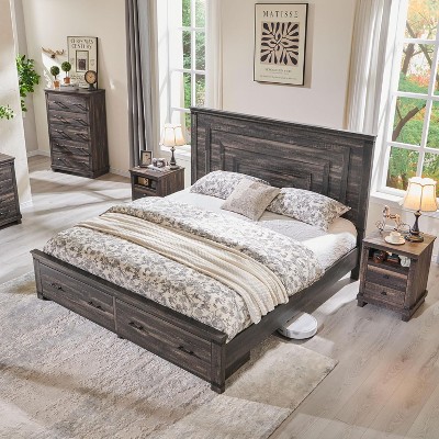 SinCiDo Queen Size Farmhouse Bed Frame, 54" Tall Geometric Headboard & 2 Storage Drawers ,Solid Wood Platform w/Reinforced Slats