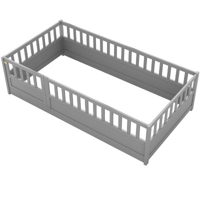 VYNXARIA Gray Wooden Floor Bed Frame Twin Size with Ultra - High Safety Barrier and Door, Ideal for Children's Rooms and Bedrooms