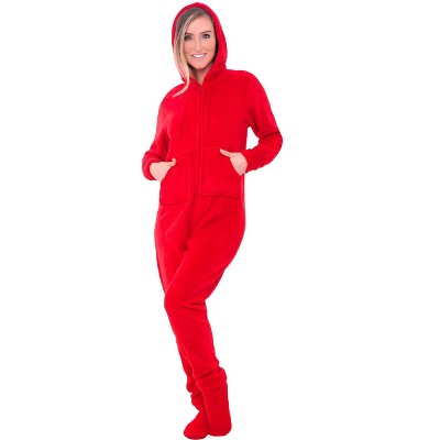 ADR Women's Plush Fleece One Piece Hooded Footed Zipper Pajamas, Soft Adult Jumpsuit PJs with Hood