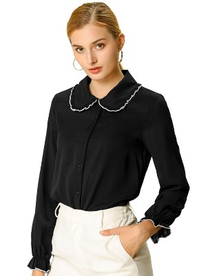 Allegra K Women's Sweet Ruffle Peter Pan Collar Long Sleeves Button Down Shirt
