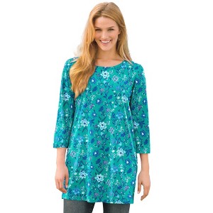 Woman Within Plus Size Perfect Printed Three-Quarter-Sleeve Scoopneck Tunic - 1 of 4