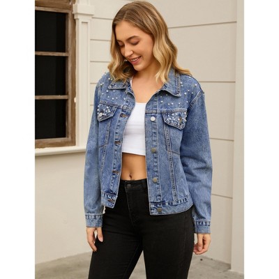 INSPIRE CHIC Women's Trendy Button Down Long Sleeve Pearl Denim Jacket Large Blue — фото 2