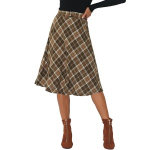 Allegra K Women's Vintage Tartan Plaid High Waist Belted Retro A-Line Midi Skirt - 1 of 4