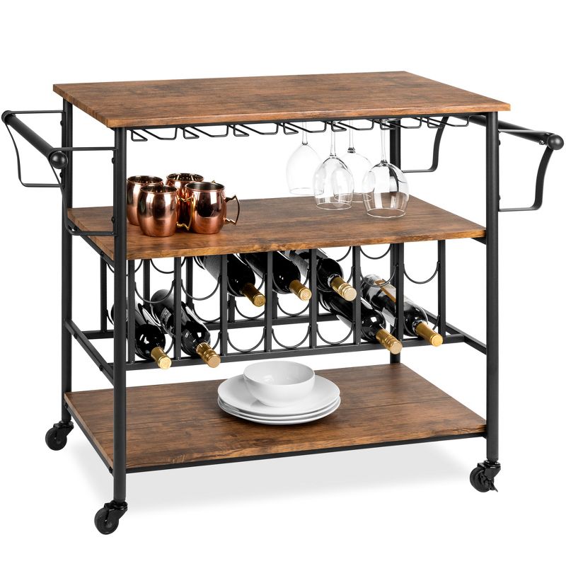 Best Choice Products 45in Industrial Wood Shelf Bar & Wine Storage Service Cart w/ Bottle & Glass Racks, Locking Wheels, 1 of 11