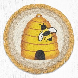 Earth Rugs Round Large Coaster – Beehive and Bees Design, Braided Jute, Rustic Nature-Inspired Accent, 7"x7" Table Mat - 1 of 3