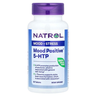 Natrol Mood Positive 5-HTP 50mg with L-Theanine, Vitamin B6, Vitamin B12 and Folate, Dietary Supplement Helps Support a Positive Mood, 50 Tablets,
