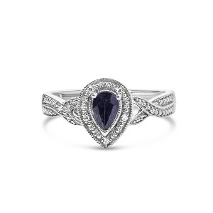 Silver 6x4mm Pear Sapphire Gemstone with Diamond Accent Fashion Halo Ring - 1 of 4