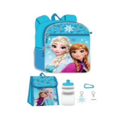 Disney Frozen Anna and Elsa Kids School Backpack 16" 5PC Lunch Kit, Keychain, Metal Carabiner, and Water Bottle
