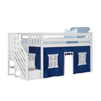Max & Lily Twin Low Loft Bed with Stairs and Blue Curtains, White