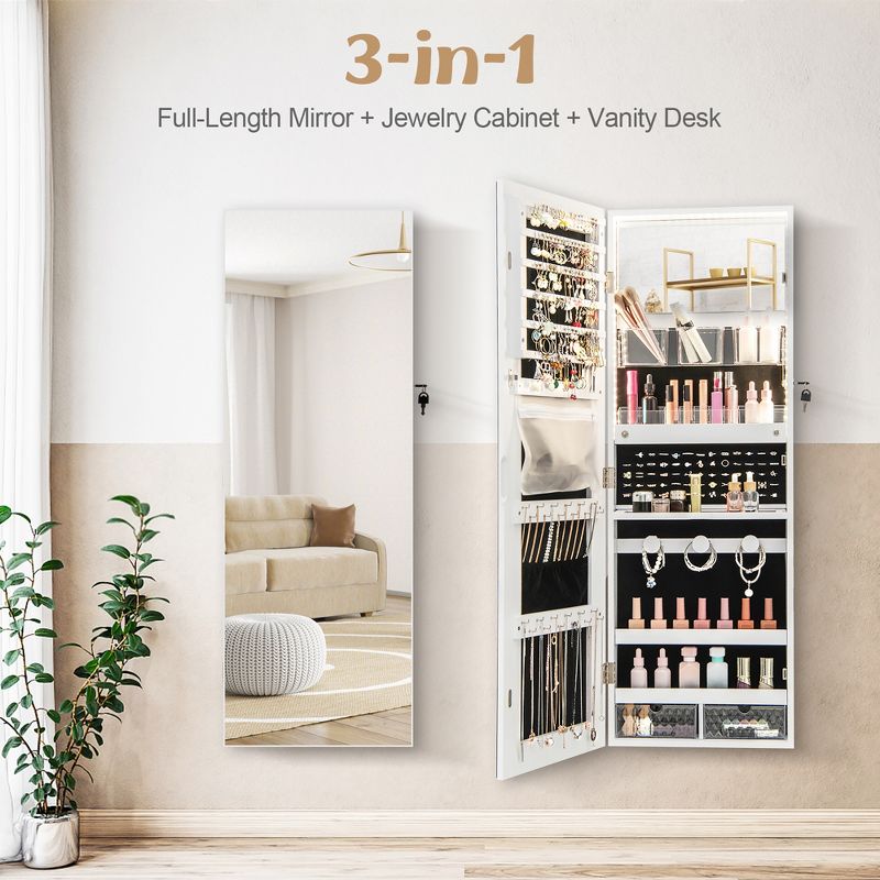 Tangkula Wall Mounted Jewelry Cabinet Full-Length Mirror Lockable w/ 3-Color Lights, 3 of 10