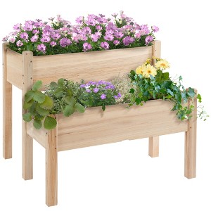 Outsunny 34"x34"x28" Raised Garden Bed 2-Tier Wooden Planter Box for Backyard, Patio to Grow Vegetables, Herbs, and Flowers - 1 of 4