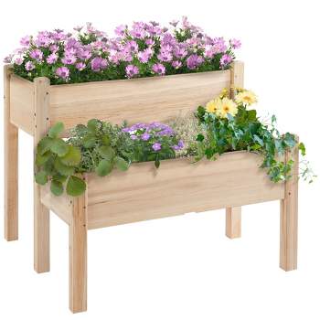 Outsunny 34"x34"x28" Raised Garden Bed 2-Tier Wooden Planter Box for Backyard, Patio to Grow Vegetables, Herbs, and Flowers