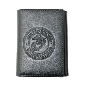 US Marine Corps Logo Genuine RFID Protection Leather TRIFOLD Wallet (Black) - 1 of 3