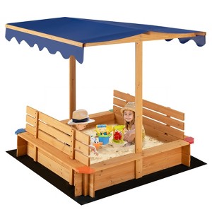 Safstar Kids Wooden Sandbox w/ Canopy & 2 Bench Seats Bottom Liner for Outdoor - 1 of 4