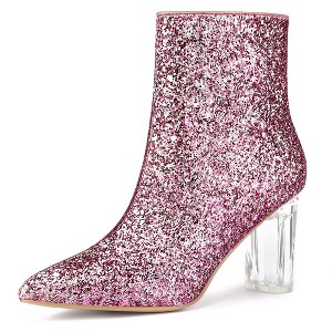 Allegra K Women's Zip Closure Pointed Toe Clear Block Heel Halloween Glitter Ankle Boots - 1 of 4
