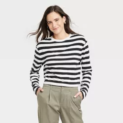 Women's Boxy Long Sleeve T-Shirt - A New Day™ Black/White Striped L