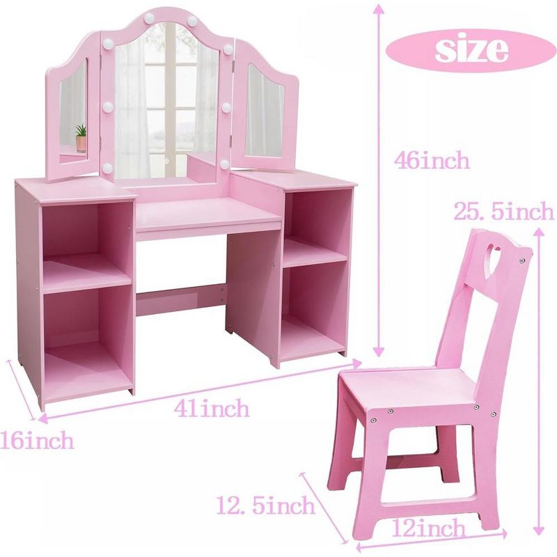 Whizmax 2 in 1 Wooden Princess Makeup Desk Dressing Table, Kids Vanity with Mirror, Light,Stool & Drawer, 4 of 9