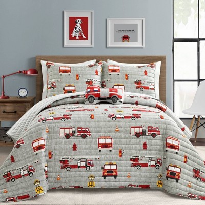 3pc Twin Make A Wish Fire Truck Quilt Set Red/Gray - Lush Décor