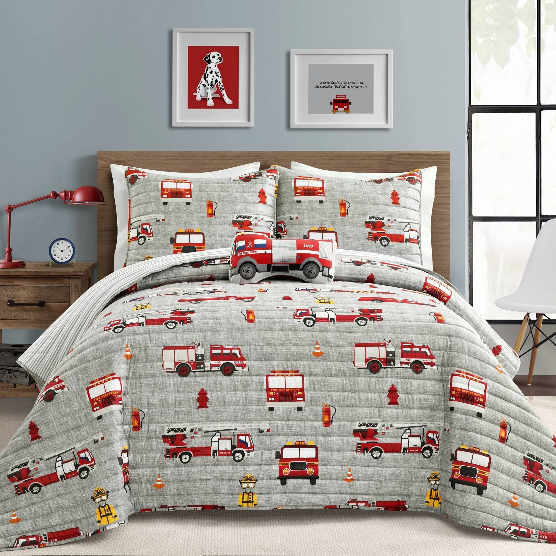4pc Full/Queen Kids' Fire Truck Reversible Quilt Set Red/Gray - Lush Décor: Firefighter Bedding, Modern Vehicle Design