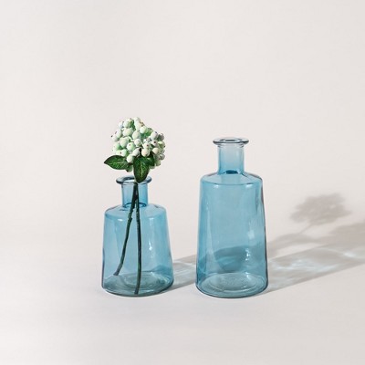 Set of 2 Blue Glass Tapered Bottle Vases