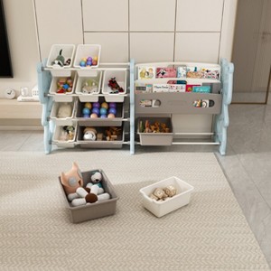 KWPZQEB Toy Storage Organizer, Kids Bookshelf with 12 Storage Cubbies Bins & Shelf, 3-Tier Toy Organizers for Playroom, Bedroom, Kids Room, Pink/Blue - 1 of 4