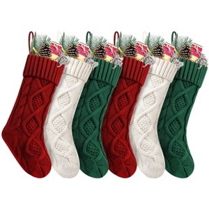 Aoibox 6 Pack 18 Inch Large Knit Christmas Stockings Cable Knit Pattern Burgundy Ivory Green Holiday Decor for Fireplace Mantel Family - 1 of 4