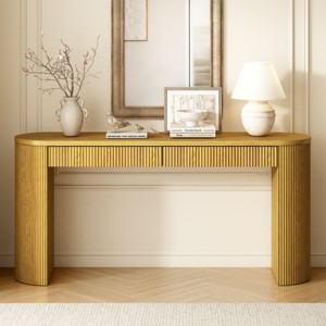 Natural Console Table with Pine Veneer and Vertical Fluted Design,Modern Entryway Accent Table with Drawers–The Pop Home - 1 of 4