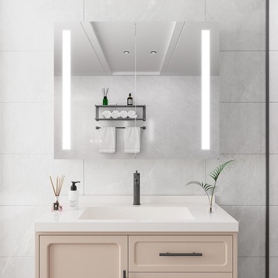 LED Mirror Bathroom Cabinet, 36"x30" Recessed Or Surface Mounted Storage Cabinet With Dimmable Anti-fog Touch Control LED Mirror