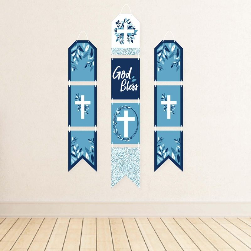 Big Dot of Happiness Blue Elegant Cross - Hanging Vertical Paper Door Banners - Boy Religious Party Wall Decoration Kit - Indoor Door Decor, 3 of 8