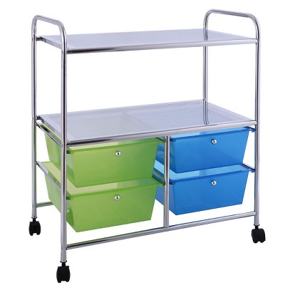 Green and Blue 4-Drawer Rolling Storage Cart with Metal Shelves