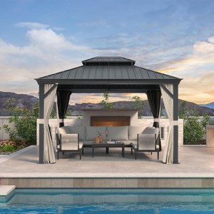 PURPLE LEAF Permanent Hardtop Gazebo Aluminum Gazebo with Galvanized Steel Double Roof for Patio Lawn and Garden with Curtains and Netting - 1 of 4