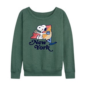Women's - Peanuts - New York Snoopy Lightweight French Terry Wide Neck Long Sleeve Shirt - 1 of 4