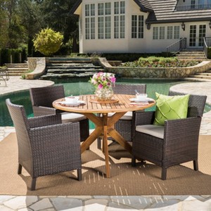 Christopher Knight Home Wes Outdoor Acacia Wood and Wicker 5 Piece Dining Set with Cushion - 1 of 4