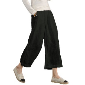 ECUPPER Womens Linen Cropped Pants Loose Casual Capri Cotton Wide Leg Plus Size Elastic Waist with Drawstring Trouses - 1 of 4