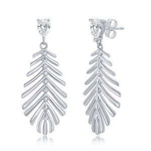 Bella Silver Sterling Silver Cut-Out Leaf w/ Small Pear-shaped CZ Dangle Earrings - Silver - 1 of 2
