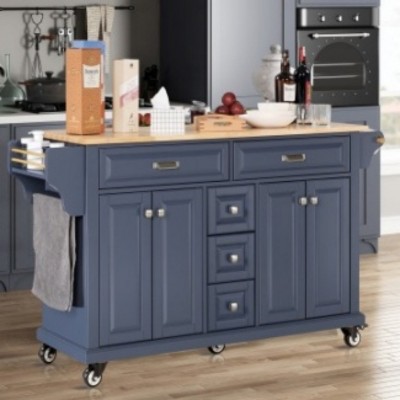 Wood Top Kitchen Island Cart with Wheels, 4 Doors & 5 Drawers, Rolling Storage Cabinet for Kitchen or Dining – The Pop Home