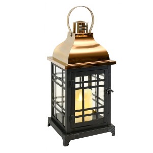 LumaBase Metal Lantern with LED Motion Flame Candle - Black with Copper Roof - 1 of 4
