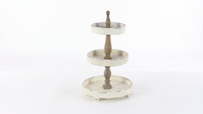 Distressed White and Brown Wood 3-Tier Round Serving Tray