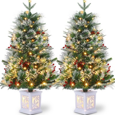 2 Pcs 3ft Prelit Artificial Christmas Tree with Lights, Snow Flocked Xmas Tree with 78 Warm White Lights Snow Pot Base, Xmas Decoration